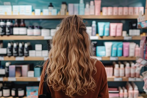 Young woman standing in front of shelves with cosmetic and makeup products in store. KI generiert,