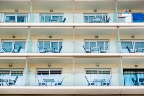 Balconies of a hotel on the seafront promenade in Sitges, Spain, Europe