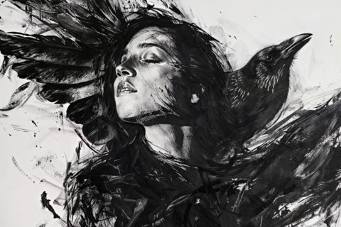 Illustrated depiction of a woman in harmony with a raven, in black and white tones, raven woman,