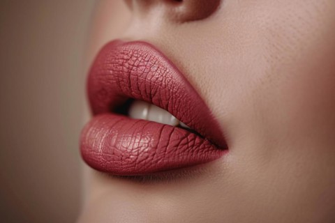 Close up of large red plump lips of woman with Hyaluronic acid beauty fillers. KI generiert,