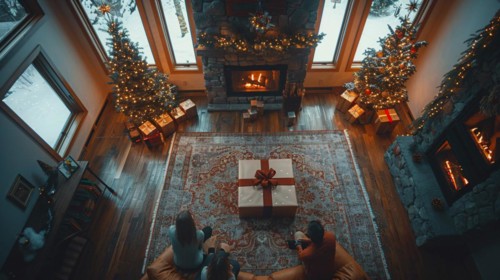 A couple relaxing by the fireplace in a festive room with Christmas decorations, AI generated