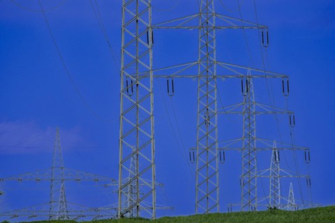 Power pylons with high-voltage lines at the Avacon substation in Helmstedt, Helmstedt, Lower