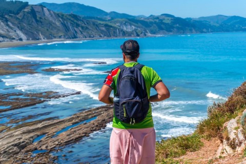 A man with his back turned in Algorri cove on the coast in the flysch of Zumaia, Gipuzkoa. Basque