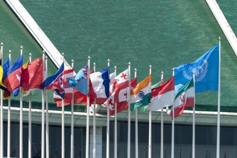 Many flags in front of the United Nations Conference Centre, Bangkok, Thailand, Asia