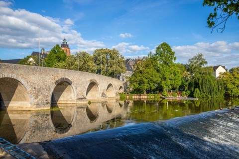 View of an old town, half-timbered houses in a town. Streets and bridges at the river Lahn in the