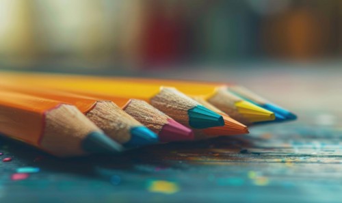 Close-up of a bunch of colored pencils, abstract background with colored pencils macro view AI