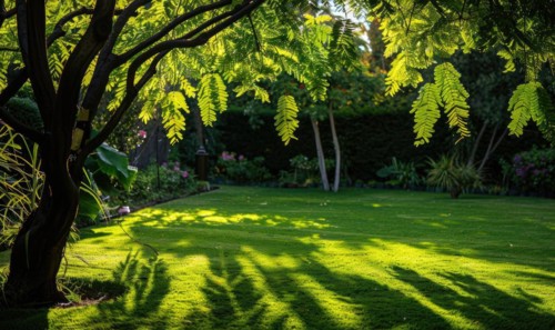 Laburnum tree branches casting shadows on a lush green lawn AI generated