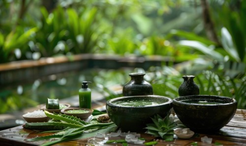 A tranquil spa retreat offering aloe vera infused facials and body treatments amidst lush greenery