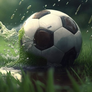 Close-up of a soccer ball hitting a puddle, water splashing around in vibrant natural setting, AI