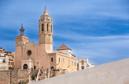 View of the church of St Bartholomew and St Thekla in Sitges, Spain, Europe