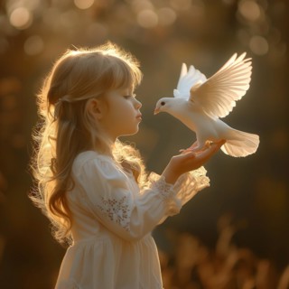 A girl stretches out her hands to receive a dove in the golden sunset light, Destroyed houses, War,