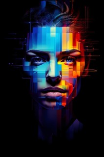 AI generated human portrait transitioning from lifelike human to a pixelated digital effect