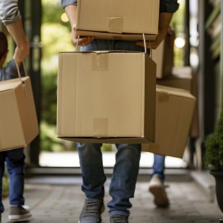 A couple and friends carrying boxes laughing during a move, apartment relocation, apartment