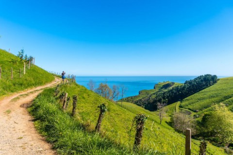 Trail and a beautiful landscape with a man on the way up to the flysch of Zumaia, Gipuzkoa. Basque
