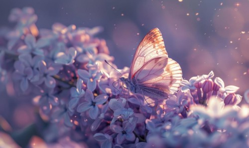 Close-up of a butterfly resting on lilac blossoms AI generated