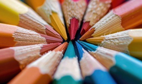 Close-up of a bunch of colored pencils, abstract background with colored pencils macro view AI