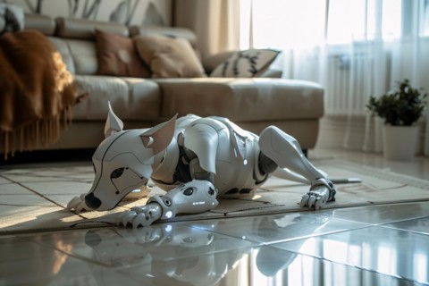 Robotic dog on livingr oom floor. KI generiert, generiert, AI generated