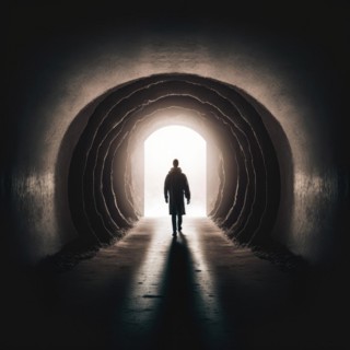 Silhouette of a man stands at the bright end of a dark, arching tunnel, symbolizing hope, AI