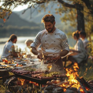 Barbecue party, guests with glasses in their hands stand around a chef who is grilling sausages and