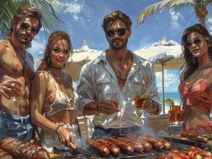 Barbecue party, guests with glasses in their hands stand around a chef who is grilling sausages and