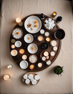 Tranquil wellness concept with candles, oils, and massage stones arranged on a wooden tray in a spa