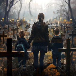 A woman with children watches the dawn in an atmospheric cemetery, war, war graves, military