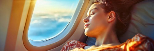 Relaxed woman leaning against the window of an aeroplane, head tilted towards the sky, AI