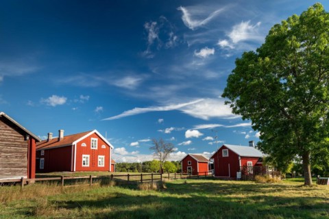 Falun red or Swedish red painted houses, farm, Geta, Aland, or Aland Islands, Gulf of Bothnia,