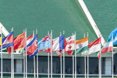 Many flags in front of the United Nations Conference Centre, Bangkok, Thailand, Asia