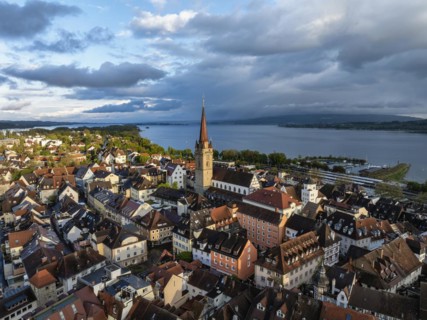 Aerial view of the town of Radolfzell on Lake Constance with the Radolfzell Minster in front of