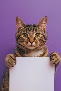 Tabby cat holding empty white sign in front of studio background. KI generiert, generiert, AI