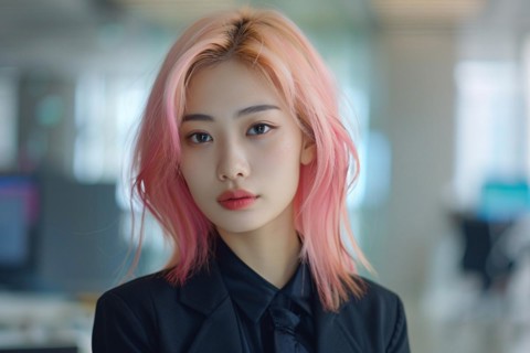 Young Asian woman with black business suit with pastel pink dyed hair. KI generiert, generiert, AI