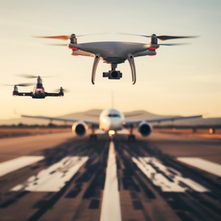 A swarm of drones flies in front of an aircraft on an illuminated runway in the evening light,