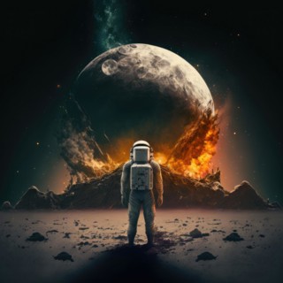 Astronaut from behind witnesses the collision of a satellite on the planet. Generative AI image, AI