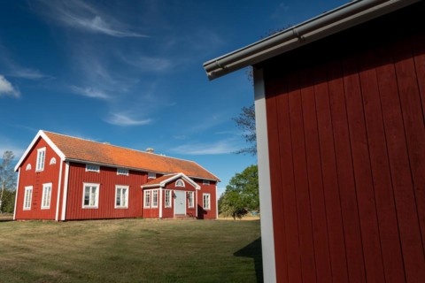 Falun red or Swedish red painted houses, farm, Geta, Aland, or Aland Islands, Gulf of Bothnia,