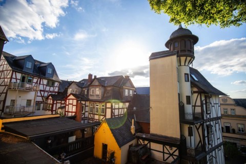 Old half-timbered houses in a town. Streets and buildings in the morning in Wetzlar, Hesse Germany