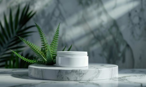 Aloe vera gel product promotion featuring a blank jar mockup showcased on a marble produce podium