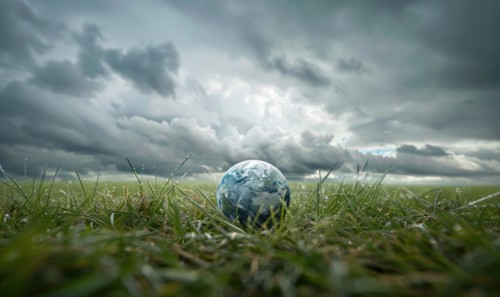 An Earth globe on a grassy meadow with a dramatic cloudy sky as the backdrop AI generated
