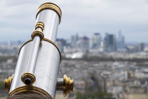 Telescope, view from the Eiffel Tower to the skyscrapers of La Defence, Paris, France, Europe
