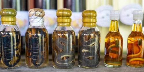 Choum, rice liquor, rice wine with pickled scorpions and snakes for sale, Laos, Asia
