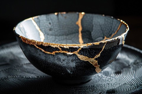 Japanese Kintsugi bowl with ceramic repair technique that uses lacquer mixed with powdered gold. KI