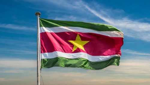 The flag of Suriname, fluttering in the wind, isolated, against the blue sky