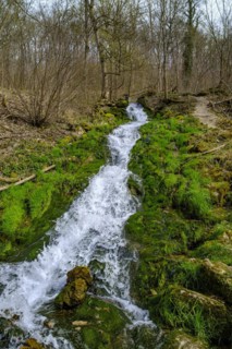 Wiesaz waterfall in the Wiesaz valley in the Swabian Alb near Goenningen, Baden-Wuerttemberg,