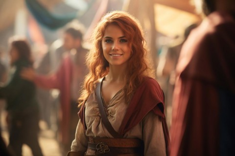 Beautiful woman in medieval style fantasy role playing game costume garment with blurry people at