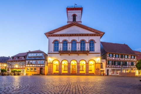 View of an old town, half-timbered houses and streets in a town. Seligenstadt am Main, Hesse