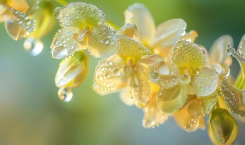 Close-up of dew-covered laburnum flowers in the early morning AI generated