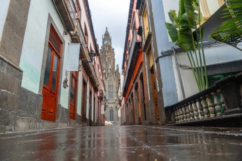 Beautiful street next to the Church of San Juan Bautista, Arucas Cathedral, Gran Canaria, Spain,