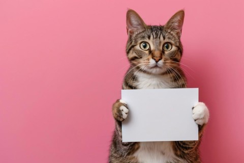 Tabby cat holding empty white sign in front of studio background. KI generiert, generiert, AI