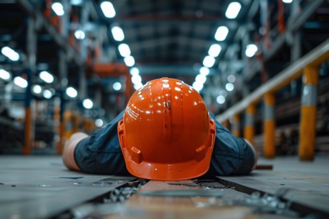 Worker with safety helmet lying on warehouse floor after accident. KI generiert, generiert, AI