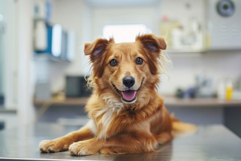 Dog at vet. Sitting on examination table at veterinary practice clinic. KI generiert, generiert, AI